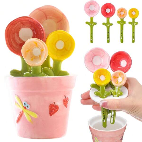 Flower Measuring Cups & Spoons Set,Ceramic Cute Measuring Cups And Spoons With Holder,Kitchen Gadgets For Cooking & Baking