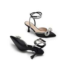 Women's Rhinestone Bow Ankle Strap Pumps Stiletto Kitten Heels Pointed Closed Toe Heels Fashionable Wedding Bridal Party Prom Dress Shoes - màu đen - Xem 7