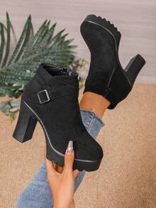 Women's New Autumn/Winter Suede Thick Sole Chunky Heel Ankle Boots With Side Zipper, Round Toe, Cross Strap Decor, Fashion & Comfortable (Friendly Reminder: Shoes Run Small, Please Order Accordingly)