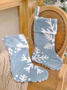 1pc Christmas Socks, Blue Plush Jacquard Christmas Socks, Snowflake Christmas Socks, Christmas Tree Decorations, Christmas Gift Candy Bags, Holiday Gift Bags Christmas Decorations Winter Room Decor