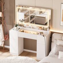 INNOD 44" Makeup Vanity With Mirror And Lights, Glass Top With RGB Lighting Vanity Desk With Fluted Storage Drawer, Cabinet,3 LED Lights Modes, Power Outlet For Bedroom - trắng - Xem 9