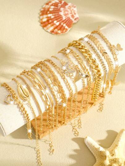 17/13 pièces Ensemble de bracelets de style vacances à la plage, comprenant coquillages, queues de poisson, éléments océaniques, cœurs, papillons, pompons, strass, brillants, texte "amour", design ajouré, chaînes lisses en os de serpent, chaînes de boîte, chaînes à cadenas, chaînes d'avion, chaînes minimalistes simples, bracelets de cheville, design mode, simple, élégant, délicat, rétro, style bohème, pour vacances, fêtes, sorties, cadeaux, port quotidien