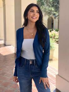 EMERY ROSE Single Breasted Long Sleeve Cardigan - Blue - View 3