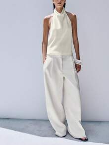 Women Satin Halter Tops Open Back Hidden Button Crop Tops Elegant Cowl Tank Tops Summer Sleeveless Loose Vests Solid Color Going Out Shirt Streetwear - 米色 - 查看 2