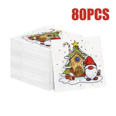 Guardanapos descartáveis com tema natalino de 80/40/20 peças, 9,84 x 9,84 polegadas, com estampa fofa de Papai Noel e cabana aconchegante, adequados para reuniões de feriados, festas de Natal, festas temáticas de Ano Novo e inverno, restaurantes ocidentais, cafés, etc.