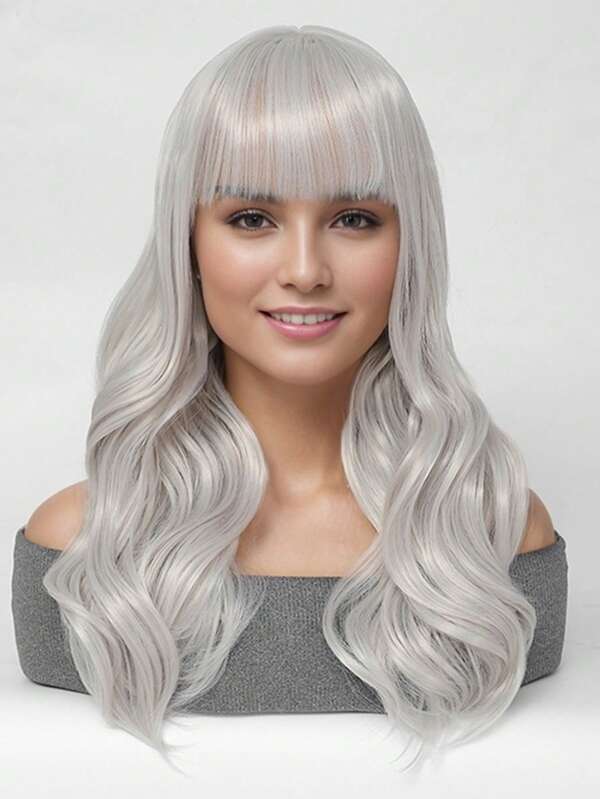 Halloween Fashion Women 28" Long Wavy Curly Wig With Bangs, Synthetic Fiber Full Head Wig, Light Grey