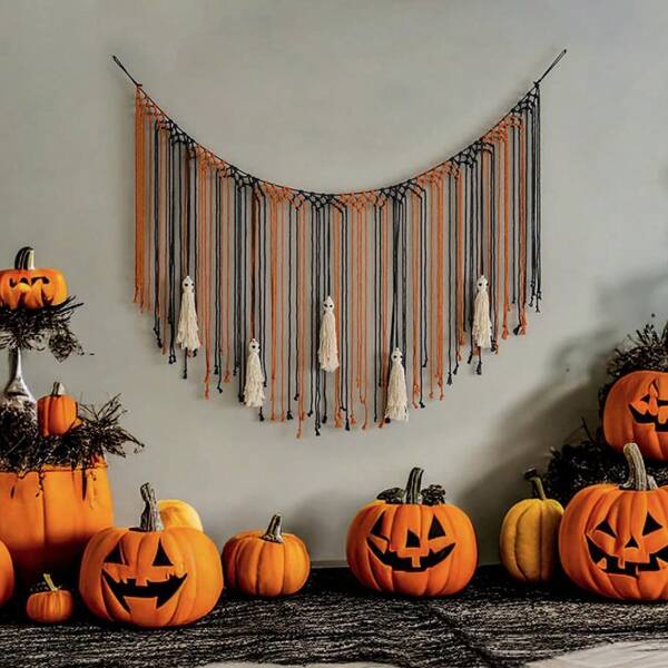 1pc Halloween Decoration Macrame Wall Hanging, Handmade Woven Ghost Tapestry, Holiday Scene Decor For Living Room, Bedroom, Farmhouse, Unique Fringe Wall Art, Headboard Decor