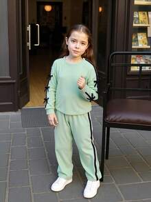 Set de 2 piezas: Sudadera con decoración de lazo y pantalón casual de pierna recta para niñas, adecuado para primavera y otoño - Verde - Ver 4