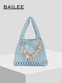 BAILEE 1个涤纶钩编网底多色纯色绳编手提包，菱形绗缝图案，轻便大容量可爱时尚沙滩包，适合女性、应届毕业生和上班族，也是一份很棒的教师礼物。 - 淺藍色 - 查看 2