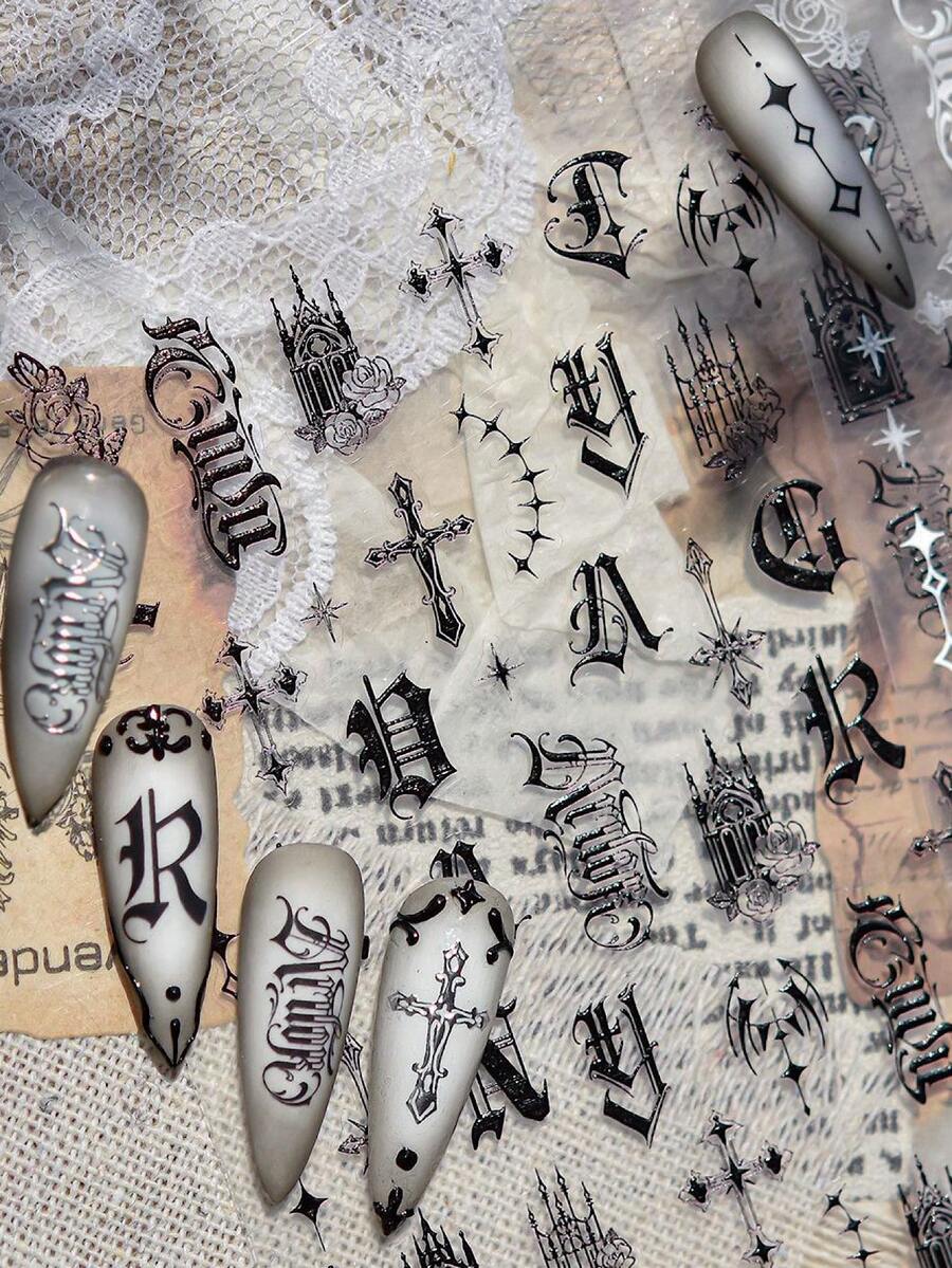 1 Tờ Hình Dán Móng Tay Phong Cách Gothic Đen Trắng - Hàng Mới Về - Phong Cách Cá Tính Nổi Loạn - Họa tiết chữ cái, thánh giá và ngôi sao tinh tế, thích hợp để tự thiết kế móng tay cá nhân, lựa chọn lý tưởng cho những người yêu thích nghệ thuật vẽ móng Gothic.