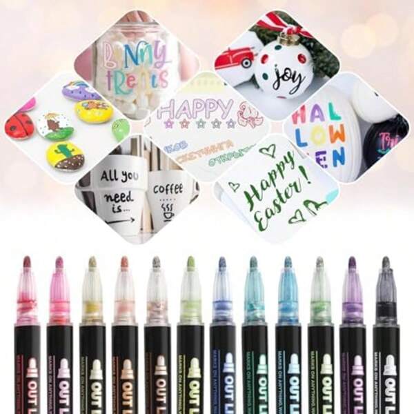 Set de 8/12 colores de bolígrafos resaltadores con contorno metálico - Marcadores con contorno metálico, bolígrafos con doble línea de contorno con brillo, marcadores fluorescentes, regalo de cumpleaños para adolescentes, suministros para manualidades, útiles de arte lindos, bolígrafos de arte brillante y chispeante, pintura de graffiti DIY para tarjetas, bolígrafos mágicos fluorescentes para dibujar, adecuados para tarjetas, manualidades, carteles, pintura