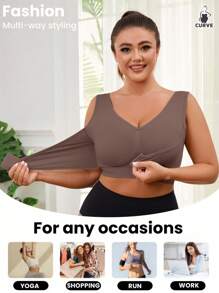 1pc Seamless Wireless Lift & Support Front Closure Adjustable Comfortable Side Gather Yoga Bra Top For Women, Plus Size Sports Bra