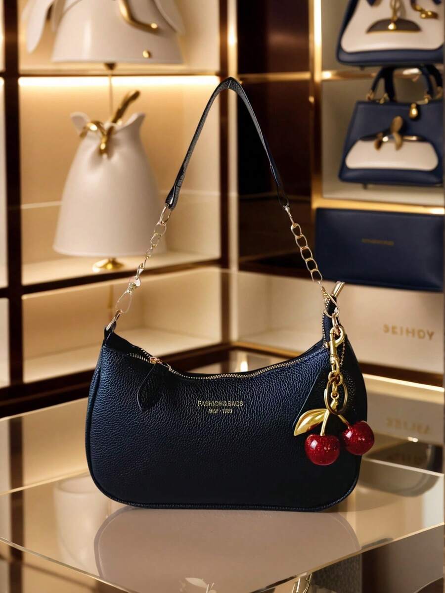 1 件黑色 Wild Letter 卵石纹 PU 皮革单肩包 - 夏季斜挎新月包，带樱桃吊坠，纯色腋下钱包，适合购物、海滩和学校