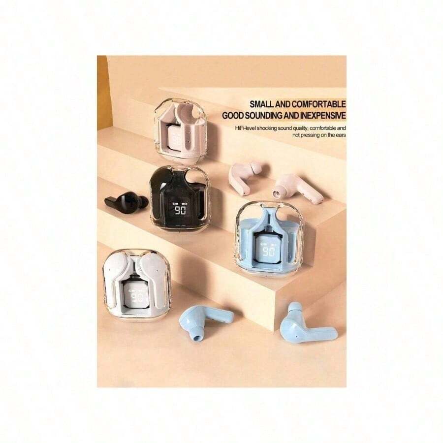 1 Transparent Wireless Bluetooth Earphone, Stereo Wireless Earphone, LED Battery Display, Type-C Charging Case, Compatible With All Smartphones, Suitable For Gaming, Music, Outdoor Sports/Business, Adult Use, Capacitive Microphone, Rechargeable 150mAh Battery, Polymer Lithium-Ion - one-size - View 1