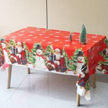 137*220cm Christmas Theme Tablecloth, Vintage Style With Santa Claus Holding Gifts Sitting On Snowy Ground, Cute Snowman And Christmas Tree Elements Design, Plastic Tablecloth, Christmas & New Year Home Decor, Christmas Party & Family Gathering Table Decoration