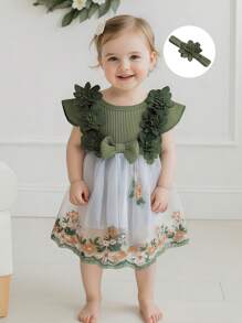 Baby Girls Rompers Round Neck Embroidery Jumpsuits With Headband