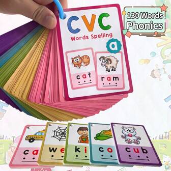 Lachilly 70 pièces Cartes éclair de mots CVC (130 mots) - Reconnaissance des mots à voyelle courte et outils éducatifs de phonétique pour les enfants. Cartes éclair éducatives pour l'apprentissage de l'anglais préscolaire