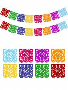Mexican Style Flag Banner, 8pcs Square/9pcs Rectangle Hanging Felt Flags, Colorful Hollowed-Out Flags Mexican Elements Garland Flag Banner, Perfect For Day Of The Dead Decor,Mexican Party Decor,Carnival Festival Holiday Halloween Party Supplies, Pinata Themed Wall Background Decoration