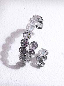 Bộ 1/2 chiếc vòng tay và nhẫn sang trọng đính đá Zirconia hình tia sét, nhẫn mặt cười bằng đá Zirconia sáng bóng, vòng tay điều chỉnh được bằng đồng mạ vàng 18K đính đá Zirconia hình mặt cười, thích hợp làm quà tặng ngày Valentine. - đồ trang sức mặt - Xem 3