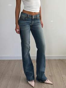 跨境女装四季复古气质宽腰头排扣修身低腰水洗紧身牛仔裤休闲辣妹简约百搭女牛仔裤 - 深色水洗藍 - 查看 4