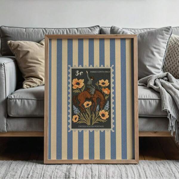 1Pc Vintage Rodeo Stripe Wall Art - Retro Wild Horse & Cowboy Print On Mid-Century Western Canvas, FunkyPosters Aesthetic For Ranch Bedroom/College Dorm Painting, Back To School Decor & Beach Graduation Gift, Frameless Rustic Wall Prints For Vacation Travel/Office/Bar (Western Decor)