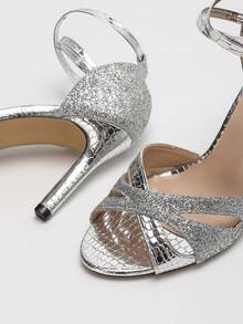 1 Pair Fashionable & Elegant Women's Open Toe High Heel Sandals, Stiletto Heels, Evening Events And Formal Occasions, Wedding, Shoes - Silver - View 6