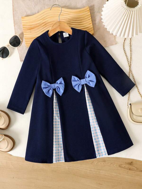 Robe décontractée à manches longues pour jeune fille, robe jumper à carreaux avec nœud pour filles, style collégial bleu mode, robe princesse col rond pour ados, robe parapluie, jolie robe élégante pour dame, robe de rue polyvalente et confortable, convient pour 4-5-6-7-8 ans, extérieur, décontracté, fête