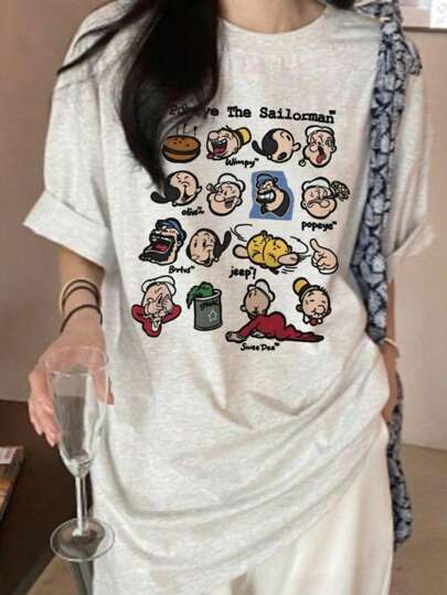 新款复古卡通印花短袖T恤，独特设计，修身休闲上衣，适合夏季