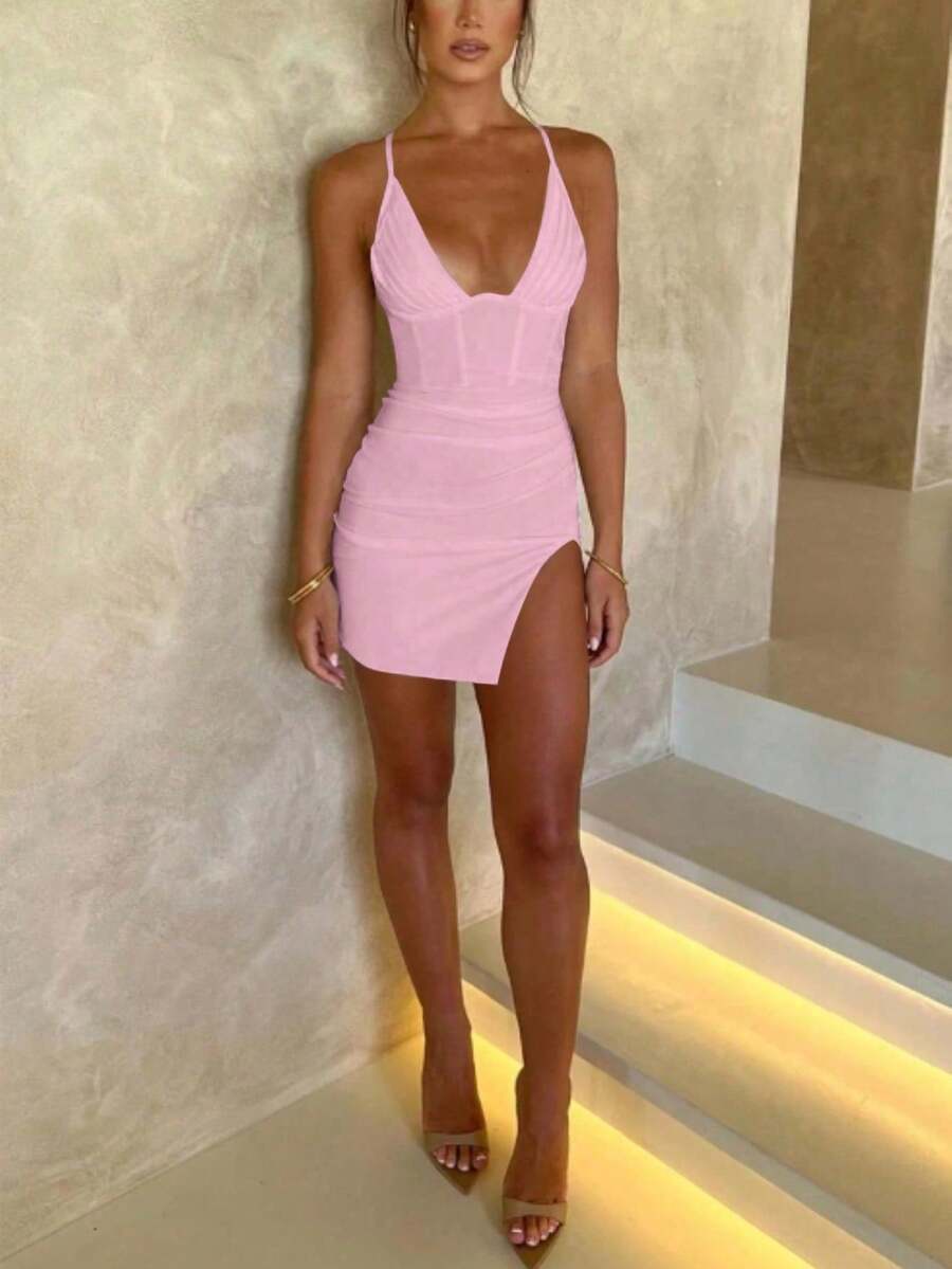 Đầm ngắn bodycon xẻ tà xếp nếp màu trắng cho nữ, thích hợp cho các bữa tiệc, hẹn hò, kỳ nghỉ và các dịp khác