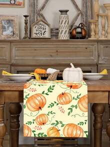 1pc Pumpkin Design Table Runner, Autumn Harvest Festival Polyester Tablecloth/Fireplace Decoration/Photo Background, Thanksgiving Day Decor,Fall Theme, Home Decoration, Indoor Outdoor Decor, Holiday Celebrations, Kitchen Table Decoration,Family Party Decoration,Halloween Christmas, Wedding, Daily Use, 14*71Inches, Autumn Gift - Multicolor - View 6