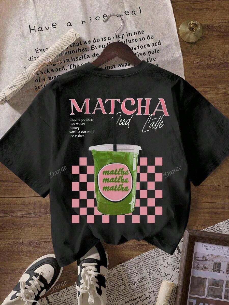 Women Casual Matcha Design Crew Neck Short Sleeve T-Shirt, Summer - màu đen - Xem 1
