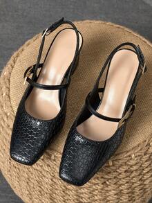 WHDXY 1 Pair Women's Square Toe Basic Solid Backless Buckle High Heel Pumps, Sexy 7CM Chunky Heels, Suitable For Work, Flight Attendant, Formal Dress - Black - View 3