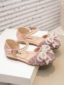1 Pair Fashion Princess Shoes For Girls, Summer New Design With Bowknot Buckle, Closed Toe And Rhinestone Decor, Suitable For Outdoor Activities, Parties And Various Occasions