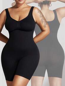1pc Women Plus Size Seamless Shapewear Jumpsuit, Cinched Waist, Body-Shaping, Chest-Support, Tummy-Control, For Summer