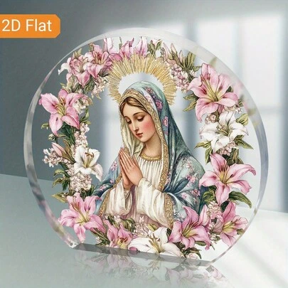 圣母玛利亚亚克力牌匾，百合花环，宗教桌面摆件，复古圣像，优雅设计，美观房间装饰，置物架装饰，卧室点缀，办公桌摆件，送给女性、母亲和祖母的礼物 | 圣诞节、复活节、天主教节日