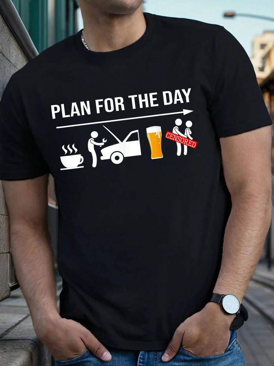 Gifts For Mechanics Funny Coffee Wrench Beer Adult Humor T-Shirt, Casual Crew Neck Short Sleeved Summer T-Shirt, Men'S Top - 黑色 - 查看 1