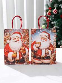 4pcs Christmas Kraft Paper Gift Packing Bags Handbags, Christmas Santa Claus Print Red Hand Bags, Christmas Tote Bags With Handles, 2025 Christmas Decoration For Home, Christmas Treat Bags, Multifunctional Christmas Party Gift Wrapping Bags, Xmas Party Favors Bags, Christmas Gift Wrapping Supplies, 2026 New Year Gift Packing Bags