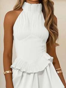 女士性感露背系带鱼骨连衣裙，浪漫褶皱短裙设计，毕业礼服，春夏度假风，波西米亚风，音乐节，返校季，婚礼季 - 白色 - 查看 7