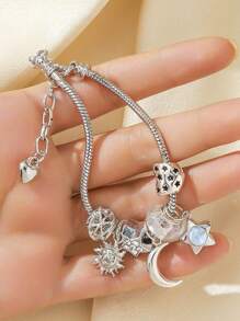 百搭星星月亮吊坠镂空串珠手链 镂空星星串珠手链 女士DIY时尚个性龙虾扣手链