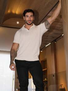 Men's Chic Lightweight Textured Knit Sweater Shirt, High Quality, Perfect For Autumn And Winter, Father's Day. - White - View 3