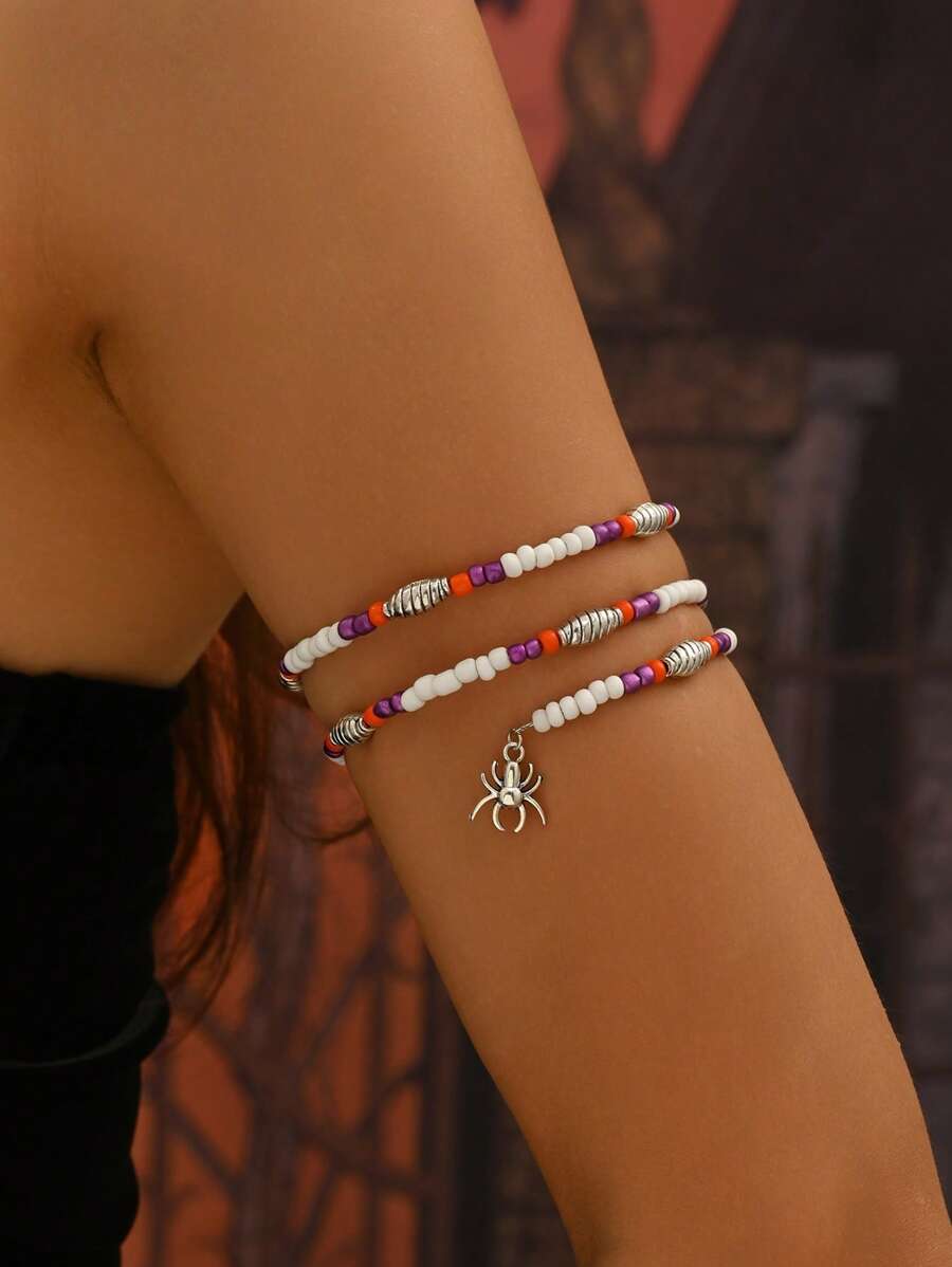 1pc Halloween Spider Beaded Bracelet, Multi-Layer Wrapped Bracelet Fashion Accessory For Halloween Party