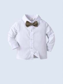 3pcs Young Boys Gentleman Outfit Set: Long Sleeve Shirt With Bowknot, Suit Jacket, And Pants, Fashionable & For Birthday Party, Formal Event, Wedding, Christening, 1st Birthday