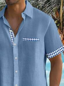 Men's Casual Plaid Texture Print Button Pocket Short Sleeve Shirt - Baby Blue - View 3