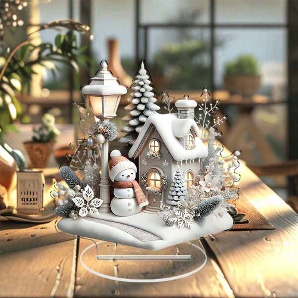 Snow Cabin Acrylic Decoration - Christmas Tree & Snowman Scene For Cozy Home Art Decor, Living Room, Bedroom, Desktop Decoration, Office Decoration, Christmas Gift