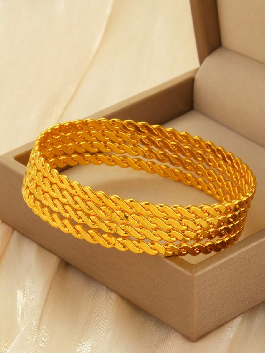4pcs Fashionable Gold-Plated Twisted Rope Bracelets, Delicate Pattern Twisted Rope Bracelets, Suitable For Women's Daily Wear, Holiday Accessories - Yellow Gold - View 1
