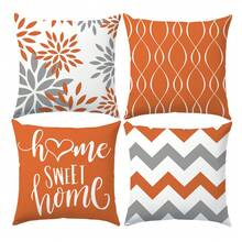 4 件套简约日常橙色几何“甜蜜之家”抱枕套，单面柔软桃色天鹅绒材质，45*45/50*50/40*40 厘米靠垫套适用于室内装饰、派对、礼物 - 橘色 - 查看 4