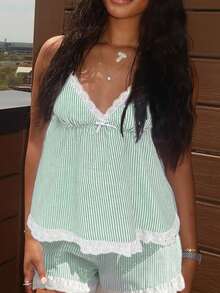 Women's Summer Lounge Set Sleeveless V Neck Cami Tops Lace Trim Shorts Sleepwear - Green (stripes) - View 5