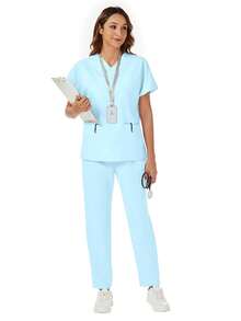 两件套 V 领口袋短袖上衣和裤子 休闲家居服 春季 - 淺藍色 - 查看 6