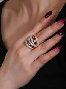 1pc Copper Material Luxurious & Sparkling Unisex Wide Face Ring - Yellow Gold - View 9