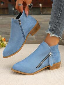 2025 Spring/Autumn New Thick Sole Solid Color Pointed Toe Side Zipper Boots For Women - Blue - View 2